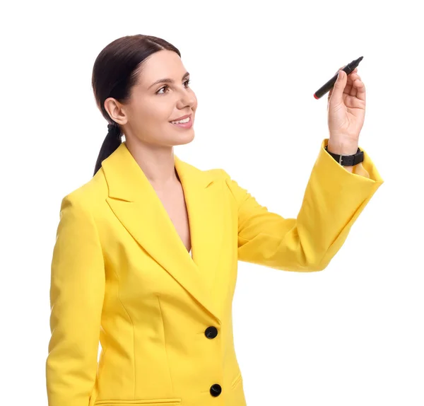 Mulher Negócios Bonita Terno Amarelo Com Marcador Fundo Branco — Fotografia de Stock
