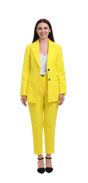 Schöne Glückliche Geschäftsfrau Gelben Anzug Auf Weißem Hintergrund — Stockfoto