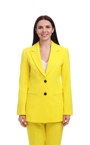 Piękny Szczęśliwy Businesswoman Żółtym Garniturze Białym Tle — Zdjęcie stockowe