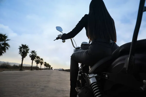 Woman Riding Motorcycle Sunset Back View Space Text — Stock fotografie
