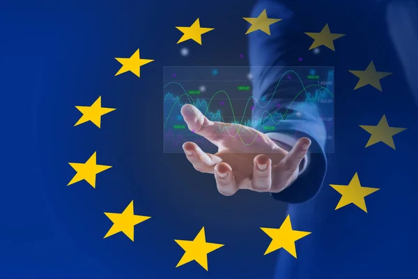 Börse Doppelbelichtung Mit Europaflagge Und Mann Mit Digitalen Handelsgraphen — Stockfoto
