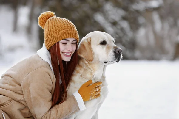 美しい若い女性抱擁かわいいラブラドール取得上の冬の日屋外 — ストック写真