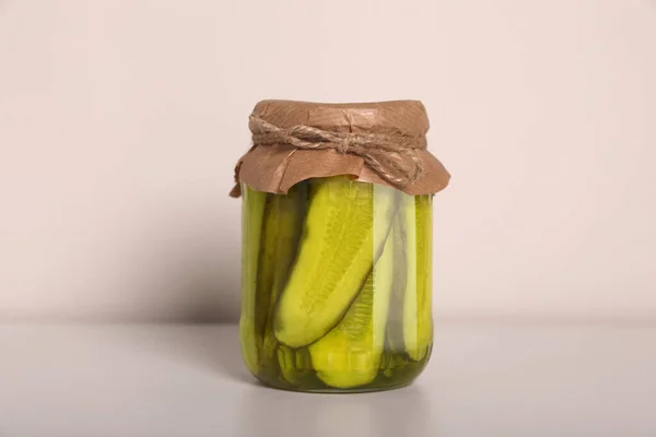 Jar Tasty Pickled Cucumbers White Table — Stock Photo, Image