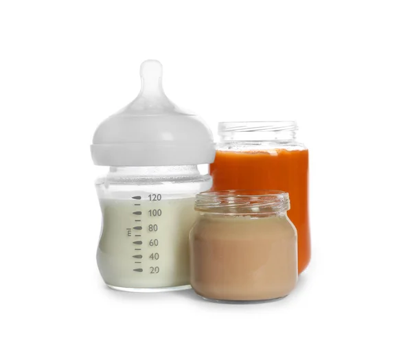 Alimentos Saudáveis Para Bebês Mamadeira Leite Isolados Branco — Fotografia de Stock