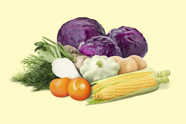 Många Olika Färska Grönsaker Och Dill Beige Bakgrund — Stockfoto