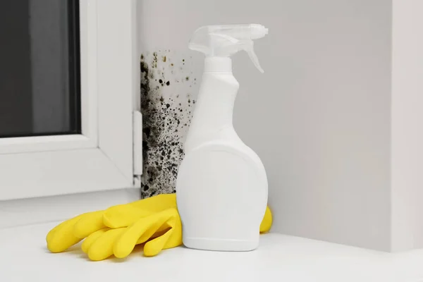 Mold Remover Spray Bottle Rubber Gloves Affected Window Slope Room — Stock Photo, Image