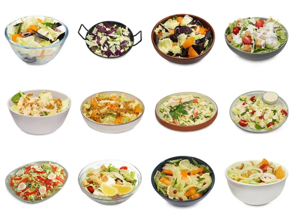 Sett Med Forskjellige Smakfulle Salater Med Kinakål Boller Hvit Bakgrunn – stockfoto
