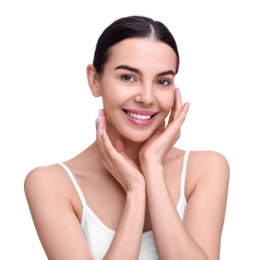 Beyaz arka planda sağlıklı ciltli güzel bir kadın. Vücut Bakımı