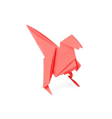 Origami sanatı. Beyaz arkaplanda el yapımı kırmızı kağıt dinozor