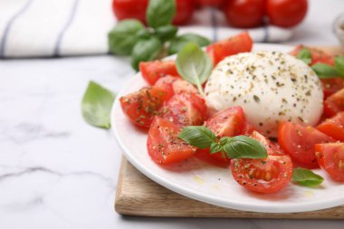 Beyaz mermer masada mozarella, domates ve fesleğen ile lezzetli salata Caprese, yakın plan.