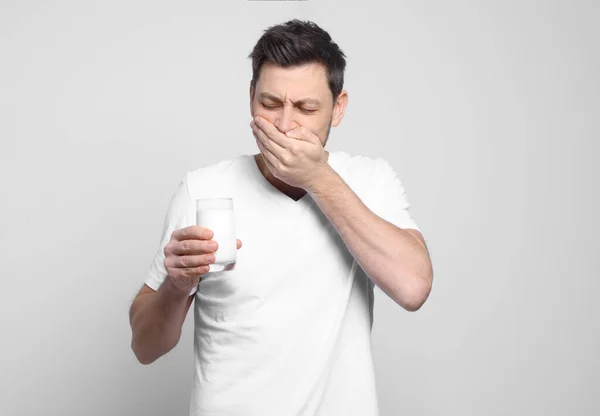 Man Glass Milk Suffering Lactose Intolerance White Background — Stock Photo, Image