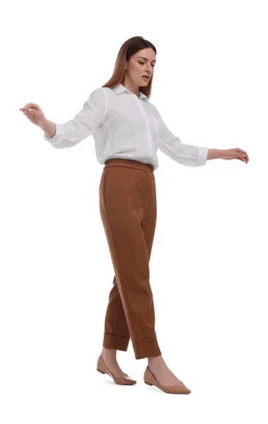 Beautiful Happy Businesswoman Walking White Background — Stock Photo, Image