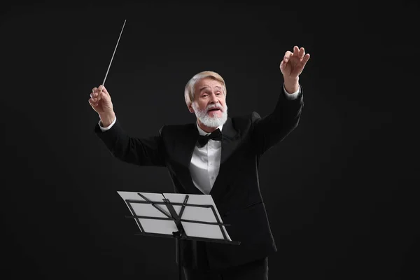 Professional Conductor Baton Note Stand Black Background — Stock Photo, Image