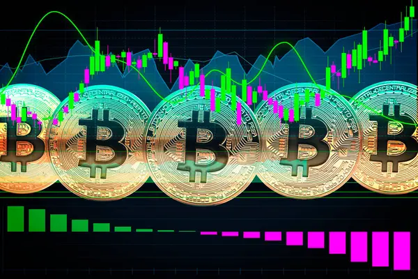 Kryptowährungshandel Bitcoins Und Grafiken Doppelbelichtung — Stockfoto