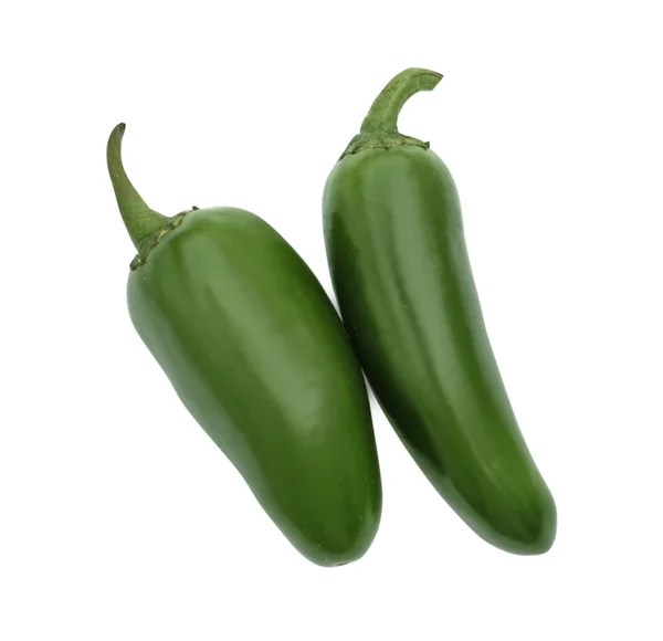 Groene Hete Chili Pepers Geïsoleerd Wit Bovenaanzicht — Stockfoto