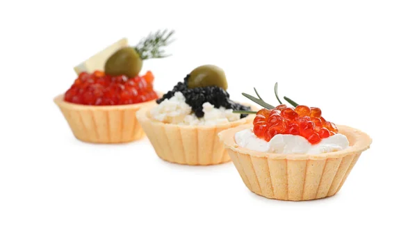 Delicious Tartlets Red Black Caviar White Background — Stock Photo, Image
