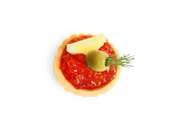 Delicious Tartlet Red Caviar Lemon Olive White Background Top View — Stock Photo, Image