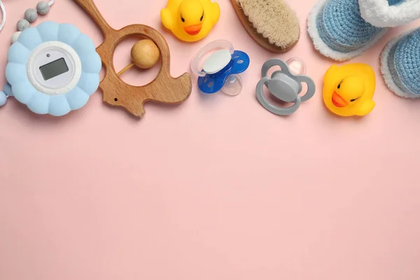 Flat Lay Composition Pacifiers Other Baby Stuff Pink Background — Stock fotografie