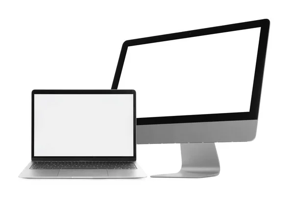 Komputer Monitor Dan Laptop Dengan Layar Kosong Latar Belakang Putih — Stok Foto