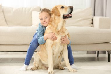 Evde Labrador Retriever 'ına sarılan sevimli çocuk. Sevimli hayvan.