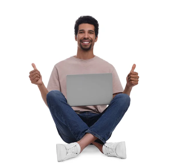 Happy Man Laptop Showing Thumbs White Background — Photo