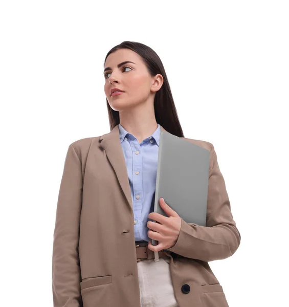 Schöne Geschäftsfrau Mit Laptop Auf Weißem Hintergrund Niedriger Blickwinkel — Stockfoto