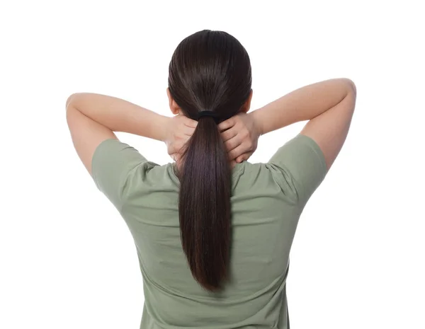 Žena Trpící Bolestí Krku Bílém Pozadí Pohled Zezadu Symptom Artritidy — Stock fotografie