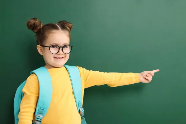 Happy Little School Child Backpack Pointing Chalkboard — Stock Photo, Image