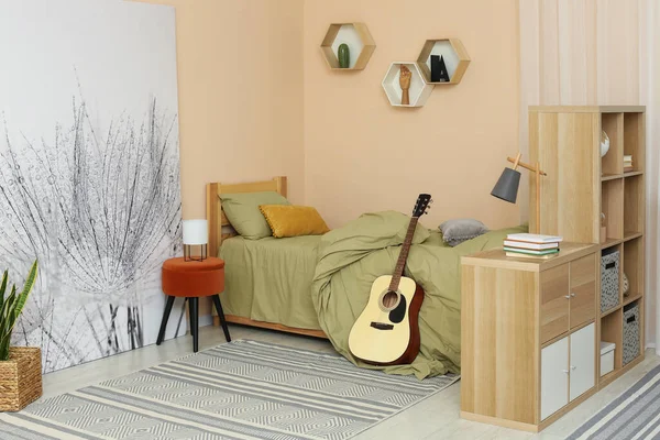 Stylish Teenager Room Interior Comfortable Bed Guitar — Foto Stock
