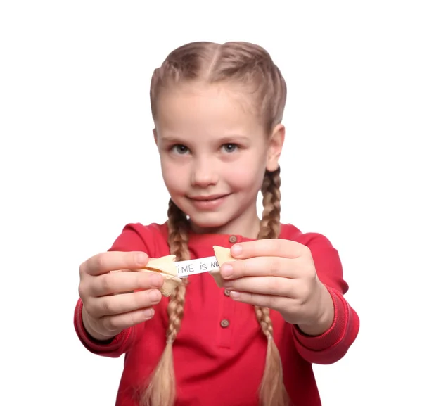 Roztomilé Dívka Drží Chutné Štěstí Cookie Předpovědí Bílém Pozadí — Stock fotografie