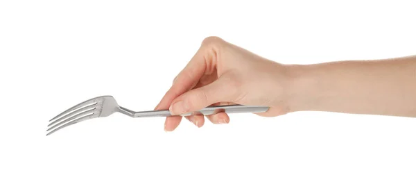 Woman Holding Clean Fork White Background Closeup — Stock Photo, Image