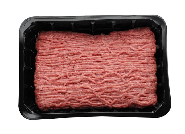 Műanyag Tartály Nyers Friss Darált Hússal Fehér Felülnézetből — Stock Fotó
