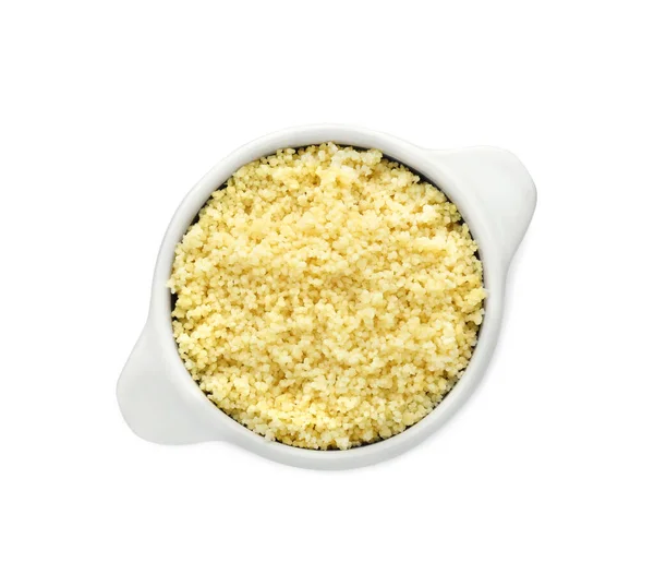 Schaal Van Smakelijke Couscous Witte Achtergrond Bovenaanzicht — Stockfoto