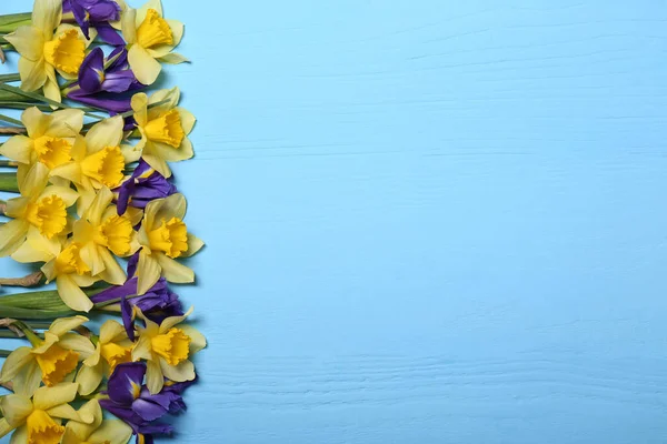 Prachtige Gele Narcissen Irisbloemen Lichtblauwe Houten Tafel Vlak Gelegd Ruimte — Stockfoto