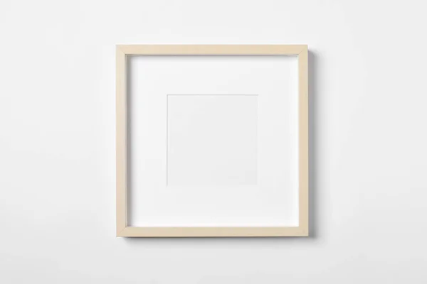 Κενό Ξύλινο Πλαίσιο Λευκό Φόντο Mockup Για Σχεδιασμό — Φωτογραφία Αρχείου