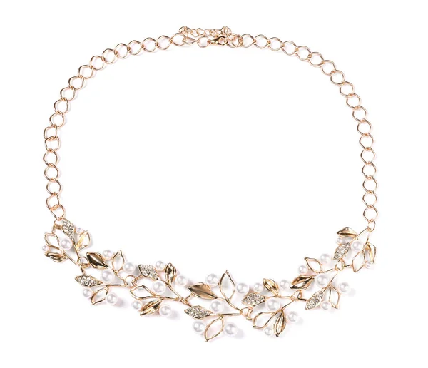 Elegante Collar Oro Con Perlas Aisladas Blanco Vista Superior Joyas —  Fotos de Stock
