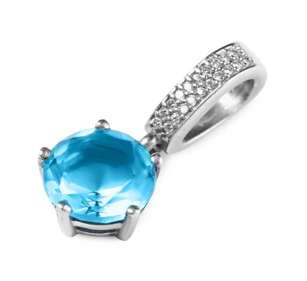 Elegant Silver Hänge Med Ljusblå Ädelsten Isolerad Vitt Lyxsmycken — Stockfoto