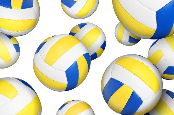 Veel Volleybal Ballen Vallen Witte Achtergrond — Stockfoto