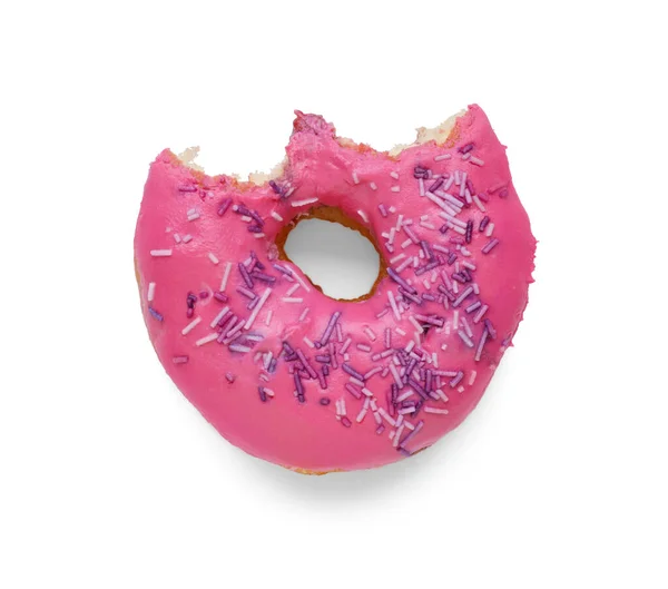 Sabroso Donut Vidriado Mordido Decorado Con Aspersiones Aisladas Blanco Vista — Foto de Stock