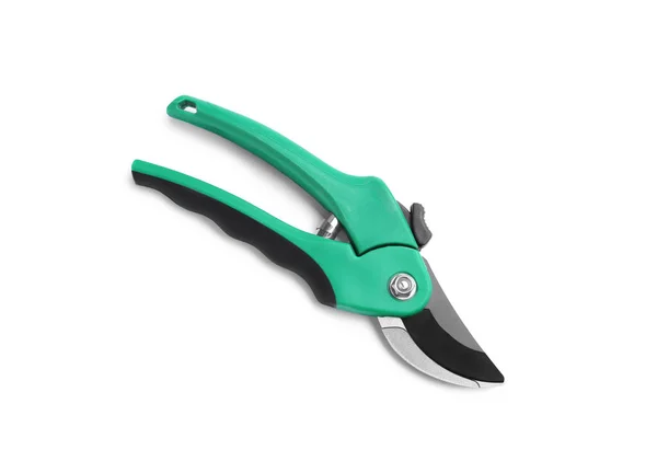 Secateurs Green Handles Isolated White Top View Gardening Tool — Stock Photo, Image