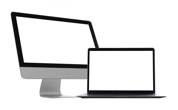 Computermonitor Laptop Met Blanco Schermen Witte Achtergrond Mockup Voor Ontwerp — Stockfoto