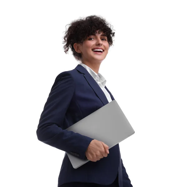 Mulher Negócios Bonita Terno Com Laptop Fundo Branco Visão Baixo — Fotografia de Stock