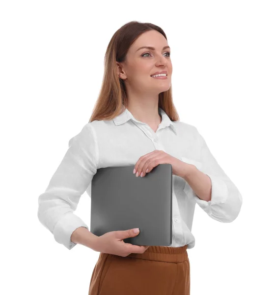 Piękna Kobieta Laptopa Białym Tle — Zdjęcie stockowe