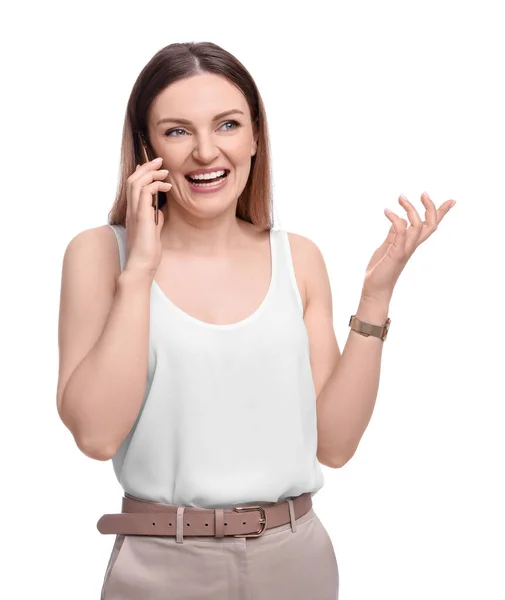 Schöne Geschäftsfrau Spricht Auf Smartphone Vor Weißem Hintergrund — Stockfoto