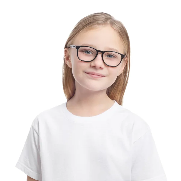Πορτρέτο Του Χαριτωμένο Κορίτσι Γυαλιά Λευκό Φόντο — Φωτογραφία Αρχείου