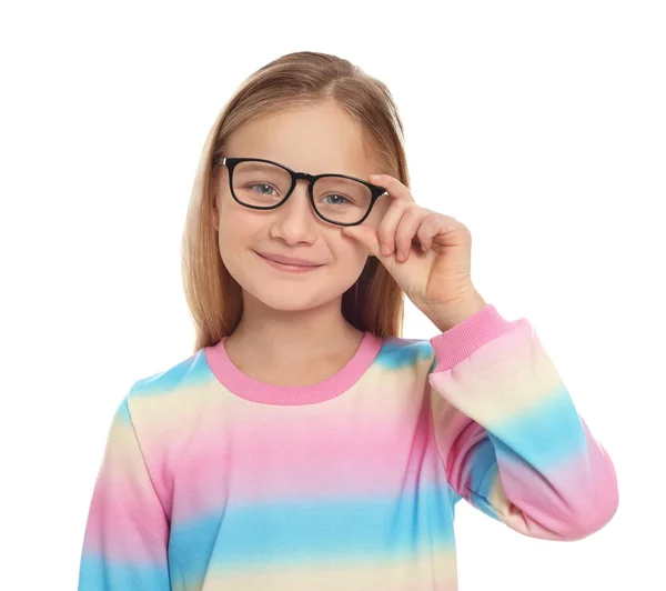 Portret Uroczej Dziewczyny Okularach Białym Tle — Zdjęcie stockowe
