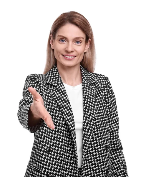 Schöne Glückliche Geschäftsfrau Anzug Gibt Handschlag Auf Weißem Hintergrund — Stockfoto