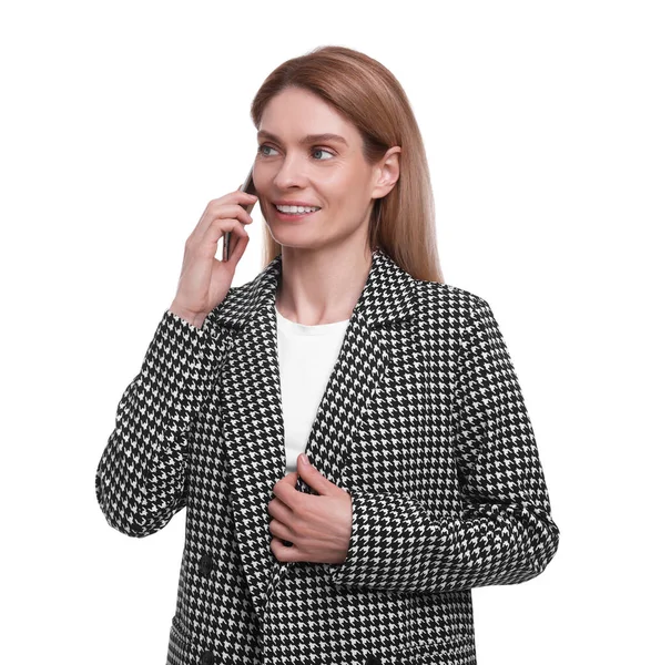 Frumoasă Femeie Afaceri Fericită Vorbind Smartphone Fundal Alb — Fotografie, imagine de stoc