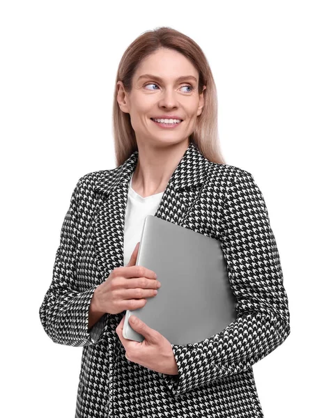 Красивая Счастливая Деловая Женщина Ноутбуком Белом Фоне — стоковое фото
