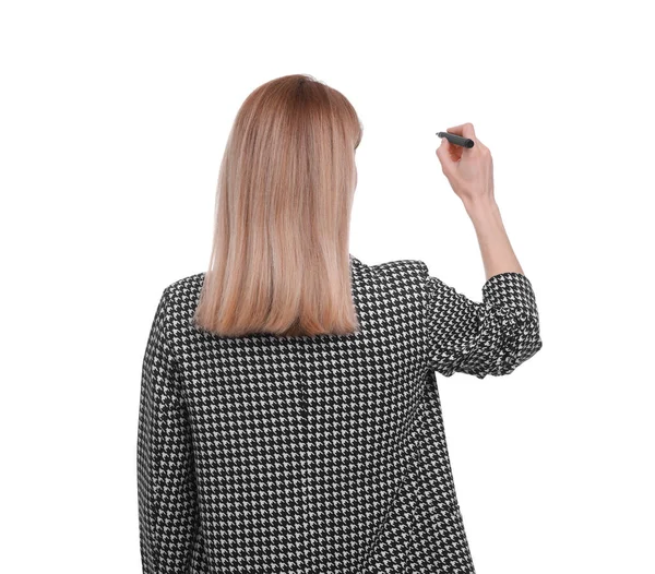 Businesswoman with marker on white background, back view